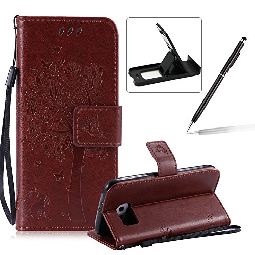 Samsung Galaxy S6 Lanyard Strap Leather Case,Samsung Galaxy S6 Bookstyle Magnetic Closure [Brown Solid Color] Stand Flip Case,Herzzer Premium Elegant[Embossed Butterfly Tree Cat Painted] PU Leather Fold Wallet Case Inner Flexible TPU Case Folio Smart Cover with [Kickstand] Stand Function Card Holder and ID Slot Slim Flip Protective Skin Cover for Samsung Galaxy S6 + 1 x Black Cellphone Kickstand + 1 x Black Stylus Pen