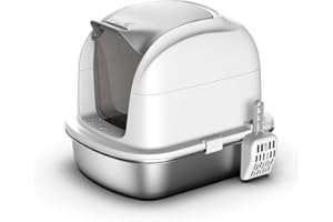 HAPPY MEOW Arenero Cubierto para Gatos con Base de Acero Inoxidable – Bandeja Higiénica Mediana con Puerta Frontal, sin olores ni bacterias, Incluye Pala y Tapa – 52×41×43 cm