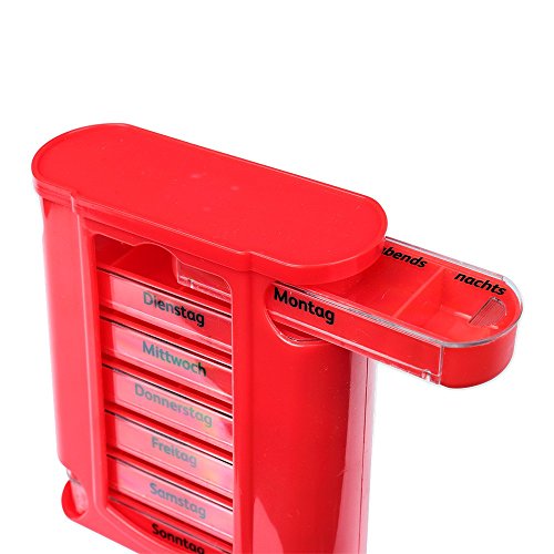 S/O® Tablettenbox rot mit roten Schiebern 7 Tage Pillen Tabletten Box Schachtel Tablettendose Pillendose Pillenbox Tablettenboxen Pillendosen Pillen Dose Wochendosierer - 2