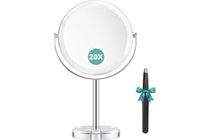 Auxmir Espejo Maquillaje con Aumento 20X / 1X, Espejo de Mesa Baño Doble Cara, Giratorio 360°para Maquillaje, Afeitado, Depilación Cejas y Cuidado Facial
