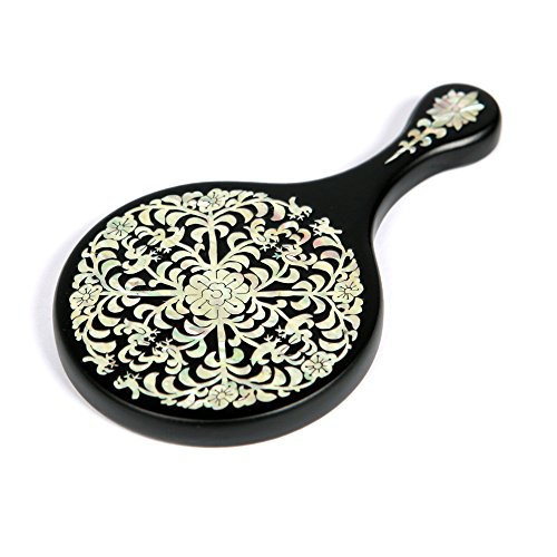 – Inlay mit Perlmutt Blumen und Vogel Design Prinzessin Holz rund braun schwarz Kosmetik Make-up-Spiegel - 2