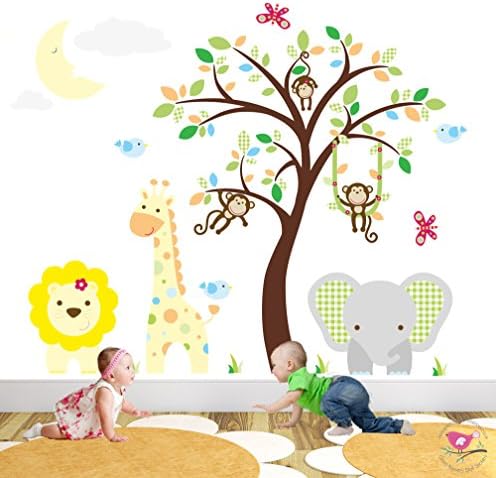 Jungle Wall Stickers featuring Giraffe, Elephant and Monkeys around a Brown Tree Mural. Gender Neutral Nursery Wall Decals
