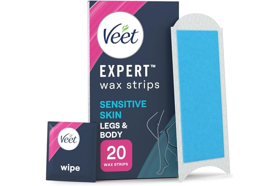 Veet Expert Cold Wax for Sensitive Skin, Hair Removal On Legs & Body, 20 Strips + 2 Finish Wipes, Effective for Men, Smooth Results