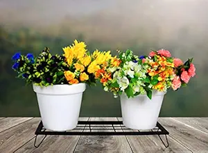 HINS Black Iron Metal Planter Stand With 2 Set of White Cosmos Plastic Pot For Indoor & Outdoor Gardening Home Decore I Plant Stands For Indoor Balcony I Plant Bench I Plant Stands I Pot Stand Single I Potted Plant Stand I Big Pots I Metal Plant Stand I Tall Outdoor Planter I Metal Casters I Large Plant Stand I Pot Stands For Garden I Indoor Plants Stand I Iron Plant Stand I Terrace Garden Stand I Garden Rack I Iron Stand For Pots I Pots Stand I Indoor Planter