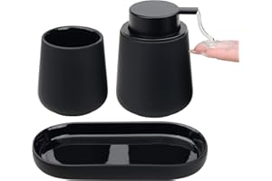 BosilunLife Black Bathroom Accessory Set - 3 pcs Ceramic Bathroom Soap Dispenser Set Farmhouse Bathroom Counter Decor Set Accessories, Soap Dispenser and Toothbrush Holder, Tray (Black Liquid)