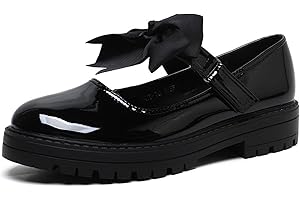 Bismaa® Girls Patent Black Mary Jane School Shoes with Detachable Bow On Strap - Toddler Kids Back to School Comfortable Anti-Slip Uniform Flat Shoes UK