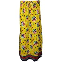 Mogul Interior Women Maxi Skirt Yellow Printed Colorful Vogue Casual Wear Peasant Long Skirts