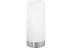 Eglo Lámpara de mesa DAMASCO 1, lámpara de mesa con 1 bombilla, lámpara de mesita de noche de acero, colores; níquel mate, vidrio satinado, blanco, casquillo E27, interruptor incluido