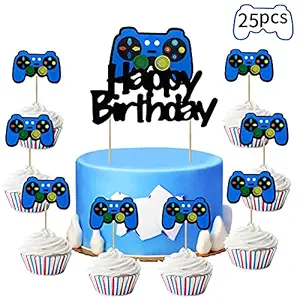 Kauayurk Video Game Party Cake Topper Decoration Supplies, 25pcs Gaming Theme Party Cake Topper for Boys Men, Video Game Controller Cupcake Topper Decor Sign