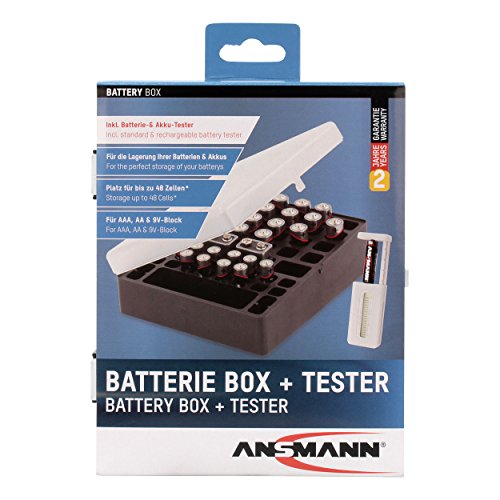 ANSMANN Premium Batteriebox für 48 AA, AAA und 9V Block Akkus und Batterien – Aufbewahrungsbox zum Schutz und Transport + Akkutester - 7