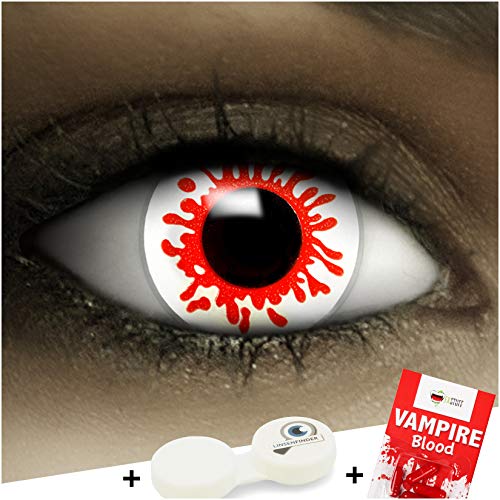 Lenti a contatto colorate"Splatter" + capsule di sangue finto + portalenti per FXCONTACTS bianche, morbide, non corrette, in confezione da due: comode da indossare e ideali per Halloween o Carnevale
