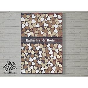 70x50 cm, Herz Design mit oder ohne Datum - Leinwanddruck Gästebuch, Hochzeitsbaum, Wedding Tree, Gästebuch, Baum, Leinwanddruck auf Keilrahmen, Herz Motiv, Holzoptik