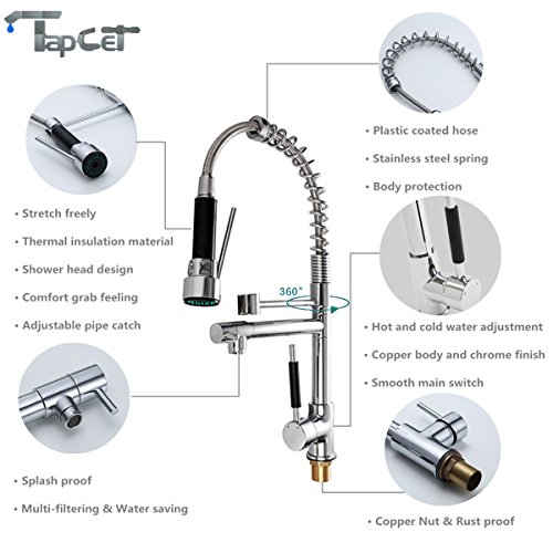 TAPCET Professionelle Spülle Mischbatterie Küchenarmatur Verchromtes Messing 360Grad Drehung Einzelner Halter Einzelner Loch Pull-out Spray+Strahl - 2