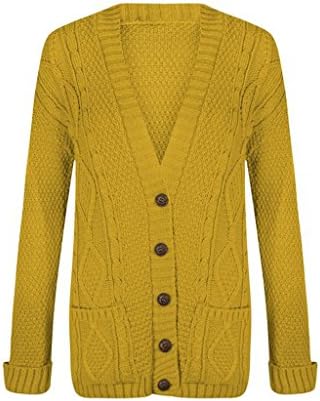 Womens Cable Knit Chunky Ladies Grandad Boyfriend Pocket Button up Top Cardigan-Mustard-Small/Medium