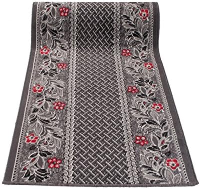 Grey Red Rug Runner - Classic Floral Pattern - Perfect For Hall Hallway & Stairs - Trendy Design Home Carpet Runner - " MONACO " 100 x 370 cm ( 3ft3" x 12ft2" ) Long
