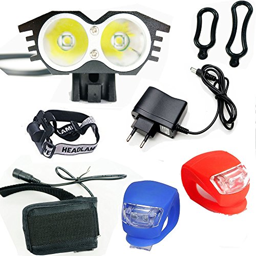 Linterna LáMPARA para bicicletas bici CREE XM-L U2 - Luz LED frontal para manillar de bicicleta (2 focos, 5000 Lumens, 4 modos) con Llavero Linterna (negro)