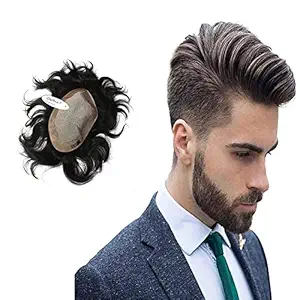 SkyHair Silk Base Hair Patch for Men | 100% Human Hair Wig | Natural Looking Full Head Toupee | Non Surgical Hair Replacement System (Black Hair) (10x8, Low Hair Density)