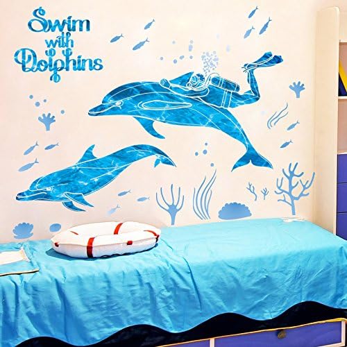 MiniWall Removable cartoon fish wall decoration posters wall paper self-adhesive stickers glass bathroom,22.Scuba diving and Dolphin,Maximum