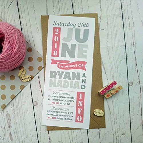 Pink Banners Minimalist Wedding Invitation in Pink and Grey with Craft Envelope (Pack of 10)