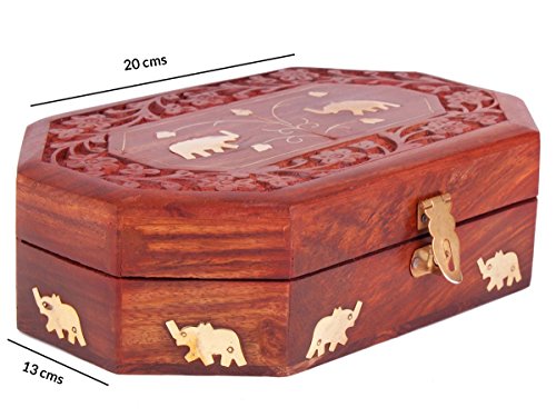 Store Indya, Konigliche handgeschnitzte Holz Schmuckschatulle mit dekorativen Mughal Inspired Elephant & Blatt Messingeinlage - 6