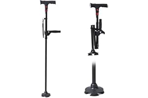 TJC Adjustable Height Smart Walking Cane with LED Light, SOS Alarm & Foldable Design – Dual Handle Mobility Aid for Seniors with Anti-Slip Base – Lightweight Battery Operated Walking Stick