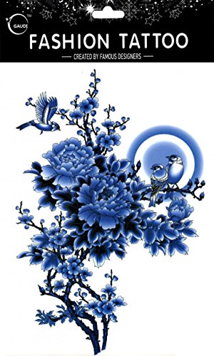 grashine largo pasado y aspecto Real temporal tatuajes diseño grande azul peonía flores con Sparrow Temp tatuaje pegatinas mujeres para el pecho, Ombligo, Espalda, Piernas, etc.