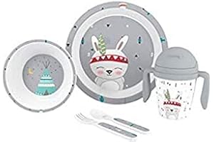 Juego de Vajilla Bebe Interbaby | Set Vajilla Infantil 5 Piezas Plato Llano, Bo, Cuchara, Tenedor y Vaso Antigoteo Aprendizaje | Apta para Microondas y Lavavajillas, Mayores de 6 Meses
