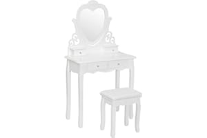 ‎WOLTU WOLTU Schminktisch Set mit Spiegel und Hocker, Kosmetiktisch mit 4 Schubladen, Kinder Make up Tisch Klein 75 x 40cm, Barocker Stil, au MDF & Kiefernholz, Weiß, MB6025cm