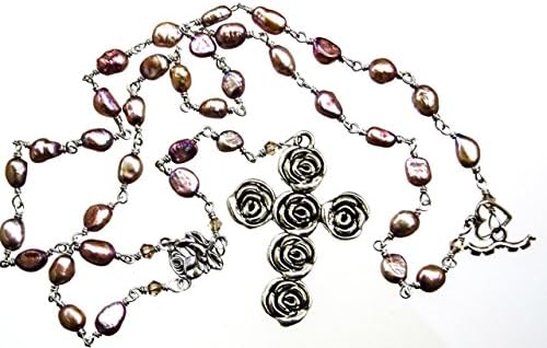 Rosary Necklace Jewelry Cultured Freshwater Pearls Pink Mauve Handmade Unbreakable Religious Christian Gift Prayer Beads