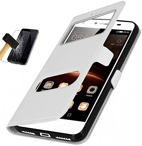 CEKA® Sony Xperia XZ Case Cover Magnetic View with Leather Case Shell Cover and Stand for Sony Xperia XZ - White + Sony Xperia XZ Screen Protector, Full Screen Anti-scratch Tempered Glass Protectors