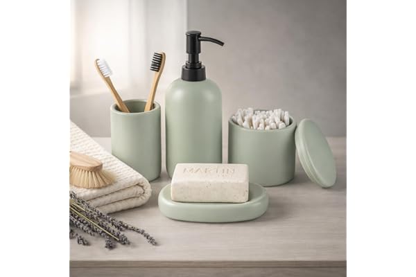 Ava Nord Moderna Badrumstillbehör i Keramik | Set om 4 | Grön | Tvåldispenser + Tandborsthållare + Tvålkopp + Mugg, Estetisk Skandinavisk Design, Heminredning, Reptålig, Hållbar