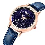 SUNWH Frauen EU Mode Einfache Uhr Ultradünne Sternenhimmel Quarz Analog Lederband Damen Armbanduhr
