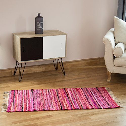 Relaxdays Flickenteppich 70 x 140 cm mit Fransen aus Polyester und Baumwolle, mehrfarbig, Fleckerlteppich, rot - 2