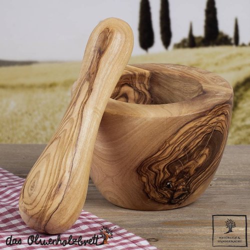 Mörser und Stößel Olivenholz, glatter Rand, ca. 12 cm Durchmesser - 2