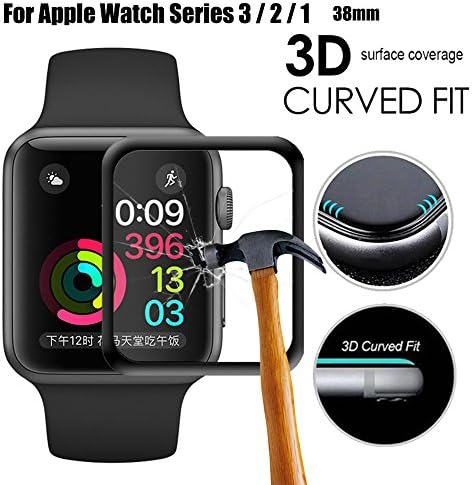 For Apple Watch Screen Protector,Full Screen Coverage Tempered Glass Bumper Case with 3D Curved Edge & High Defintion for iwatch Apple Watch 38mm Series 3/2/1 (For Apple Watch 38mm)