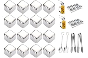Anlising Cubitos de Hielo de Acero Inoxidable, 16PCS Cubos de Hielo Reutilizable, Cubitos de Hielo para Whisky, con Cubitos de Hielo Clips+Cuchara, para Enfriar Vodka Vino Cerveza Whisky Cóctel