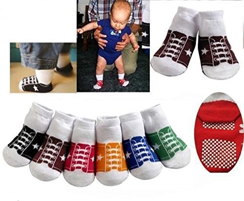 CUTE 6 PACK OF BABY BOYS GIRLS BASEBALL TRAINER STYLE ANTI SLIP GRIPS SOCKS AGE 6-12 MONTHS