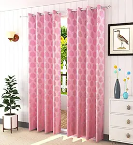 FRESH FROM LOOM Polyester Printed Curtains (7 Feet, Pink, Pack of 2)