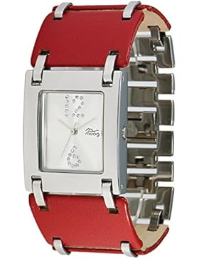 Moog Paris - All in One Damen Uhr mit Silber Zifferblatt, Swarovski Elements & Rot Armband aus Mit Leder Bedeckter...