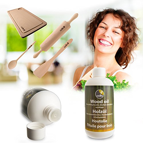 Uulki Natürliches Holzöl – Umweltfreundliche Alternative zu Mineralöl für Schneidebretter, Küchenhelfer, Küchenarbeitsplatten, Küchentische aus Holz und Bambus – Holzpflege in der Küche Pflanzlich / Vegan (250 ml) - 4