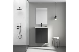 AMIZUVA - Conjunto Mueble de Baño con Lavabo Modelo Fine - Ideal para Baños Pequeños - Lavabo con Mueble suspendido con Armario - Acabado en Gris Negro Mate - 50x63x36 cm