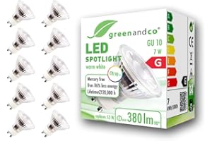 greenandco 10x bombilla LED GU10 | 7W 380 lm | 2700K blanco cálido | 36° | 230V | CRI 97+ | sin parpadeo | no regulable