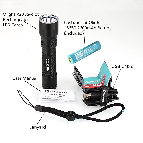 Olight® R20 Javelot aufladbare Taschenlampe 900 Lumen mit CREE XP-L Hi LED inkl.1 x wiederaufladbar 2600mAh 18650 Lithium Ion Akku, 1x USB Ladekabel und 1x Handschlaufe, Schwarz - 6