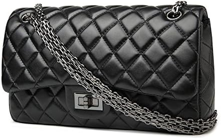 YUHEQI Leather Quilted Designer Inspired Handbag With Gold Trims For Weman,Black3-OneSize
