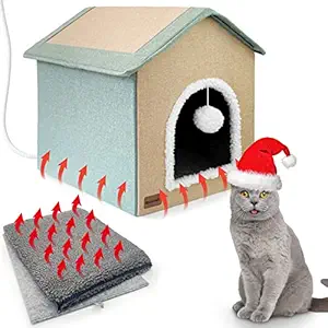 MARUNDA Cat Cube House for Indoor - Collapsible Cat House with Bed, Sturdy Construction and Non-Slip Indoor Cat Bed and Easy to Assemble, Grey (Heated Cat House)