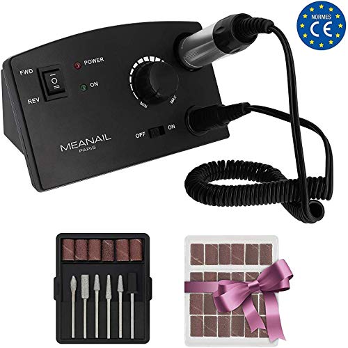 Nagelfräser elektrisch Gelnägel von MEANAIL® PARIS Maniküre - Pediküre Set für Gel Nägel, Kunstnägel, Acryl 6 + 24 Schleifhülsen gratis - SCHWARZ