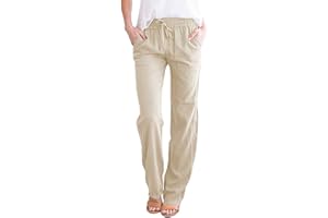 Yutdeng Pantalones Anchos Mujer Verano Pantalon Lino con Bolsillos Casual Pantalones Largos Algodón Cintura Alta Elástica con Cordón Vintage Pantalón de Verano Mujer Sueltos