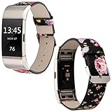 Leder Armband Fitbit Charge2, Sasairy Damen Pu Leder Armband mit Blumen Muster Uhrenarmband Lederarmband für Fitbit Charge2, Rot + Schwarz
