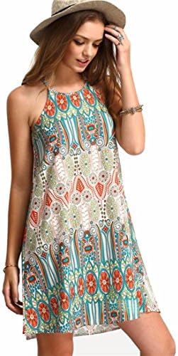 Xiahbong Retro National Women Loose Round Neck Sling Sleeveless Dress (2XL(UK:14), Green)