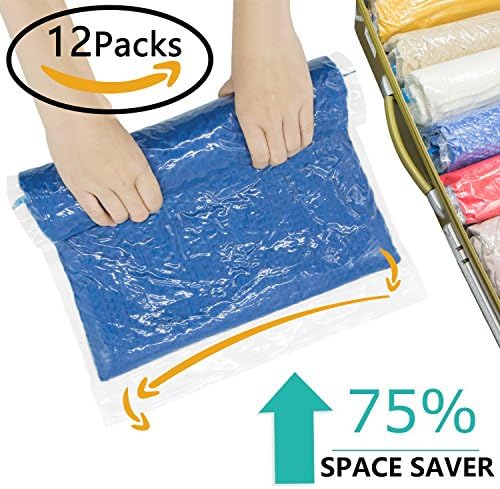 Wifzu Travel Storage Bags For Clothes- Space Packing Bags for Luggage (12Packs/3Sizes) Reusable Vacuum Compression Bags, Double Zip Seal and No Pump Needed, Save 75% More Storage Space